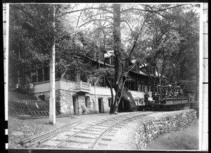 Mount Lowe Railway car in front of the Alpine Tavern on Mount Lowe