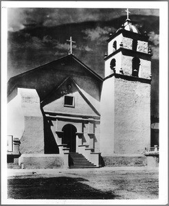 Exterior view of the front and west side of Mission San Buenaventura, Ventura, California, ca.1890