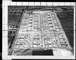 Aerial view of a United States Navy housing area in Long Beach, 1940-1950