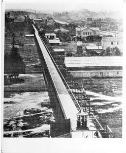 View of Pasadena's elevated bicycle track, looking south, ca.1900