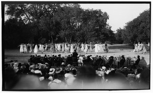 Outdoor play showing a band and women dancing in circles, Claremont, ca.1930