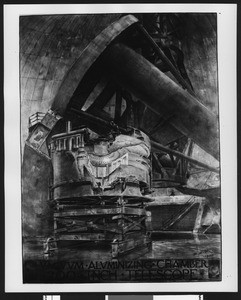 Drawing by R.W. Porter depicting an interior view of Palomar Observatory and a cross-sectional view of the vacuum aluminizing chamber of the 200-inch telescope, 1940