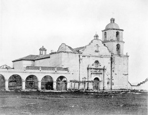 Exterior view of the south front of Mission San Luis Rey de Francia, taken by photographer Edward Vischer, San Diego, before 1875