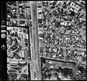 Aerial view of homes near a freeway in Century City, May 4, 1959