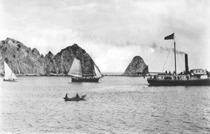 View of Avalon Bay and Sugarloaf, showing a Ferndale steamboat and a Ruby schooner, 1887