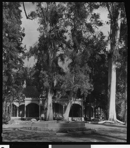 Exterior view of "Lucky" Baldwin's Queen Anne cottage at Rancho Santa Anita, ca.1938