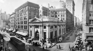 Panoramic view of Farmers and Merchants National Bank and nearby buildings, corner of Main Street and 4th Street, ca.1923