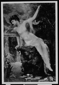 The painting "Naiad" by Henrietta Rae showing an almost nude woman posing near a cascade