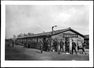 Exterior view of American Expeditionary Force barracks in Europe during World War I, ca.1915