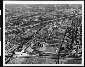 Aerial view of buildings in the Central Manufacturing District, Vernon, ca.1957