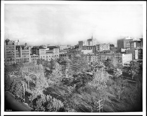 Pershing Square and surrounding buildings from the corner of 6th Street and Olive Street, Los Angeles, ca.1913