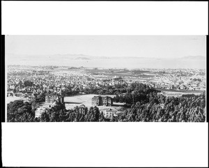 Birdseye view of the campus of the University of California, Berkeley, with San Francisco Bay in the background, ca.1900