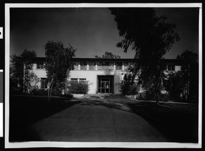 Exterior view of the front entrance to Pitzer Hall, the academic and administrative center of Pitzer College, ca.1930