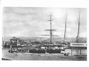 View of the old wharf at Coronado, before Ferry slips were built, ca.1886