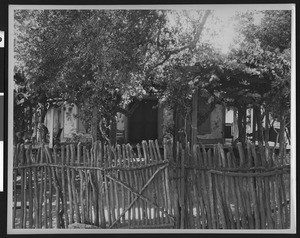 Exterior view of the front north entrance of the de la Cuesta Ranch adobe south of the Santa Inez River and town of Buellton, Santa Barbara County, September 4, 1937