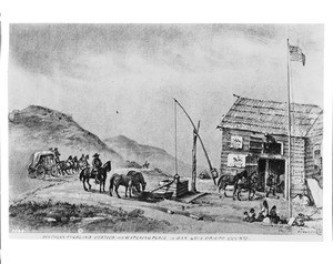 Drawing by Edward Vischer depicting the Southern Overland Stage Station and watering place in San Luis Obispo, ca.1865