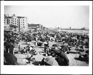 Umbrellas covering the beach in Venice, ca.1920