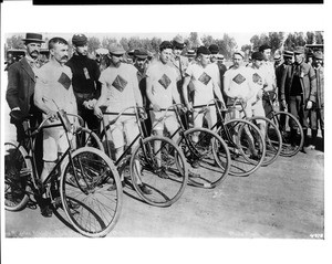 Los Angeles Athletic Club Bicycle Team at a race at Agricultural Park, Los Angeles, October 3, 1893