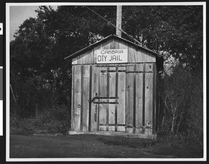 Exterior view of old wooden jail, Cambria, San Luis Obispo County, August, 1938