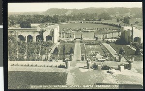 Exterior view of the lake at the Samarkand Persian Hotel in Santa Barbara, ca.1920