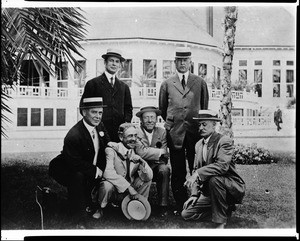 Members of the Sunset Club posing in front of the Hotel Del Coronado in San Diego, ca.1915