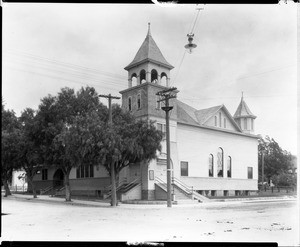 Exterior view of Whittier's Friends Church, ca.1910