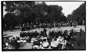 Outdoor play showing a band and people dancing in bolero dress, Claremont, ca.1930