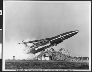 Launch of the Intercontinental Northrop Snark SM-62 rocket, showing the right side of the object, ca.1960