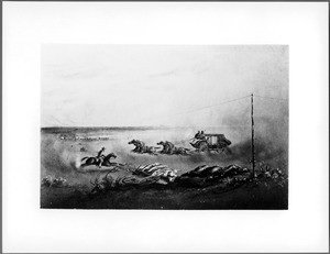 Drawing by Vischer of a Pony Express mail stage "crossing the plains," ca.1860-1865