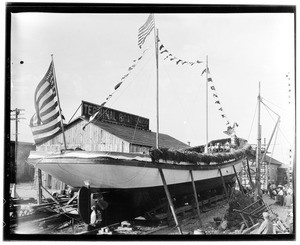 Japanese fishing boat on ways at Fish Harbor just before launching, San Pedro, ca.1920-1929