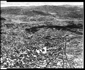 Aerial view of downtown Los Angeles, looking north towards Glendale and the San Fernando Valley, 1931-1934