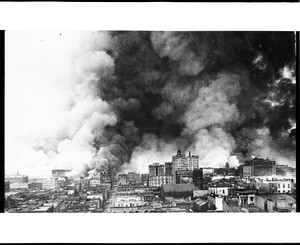 View of buildings on fire in San Francisco following the earthquake, 1906