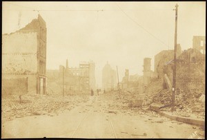 San Francisco earthquake damage, showing ruins of buildings on Kearney Street from California Street, 1906