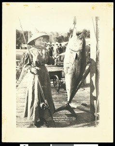 A large leaping tuna caught by Mrs. Phil. Omara, shown with catch, off Santa Catalina Island, September 15, 1909