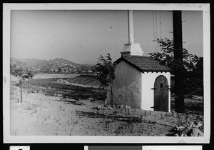 Exterior view of a Department of Public Works sewer ventilation station on Fletcher Drive, erected by the Sewer Maintenance Division