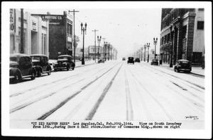 View of South Broadway from Twelfth Street during a snow and hail storm, February 20, 1944