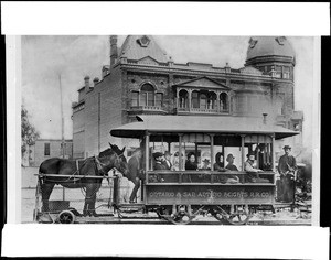 Ontario and San Antonio Heights Railroad Company's mule car on Euclid Avenue, Ontario, ca.1890