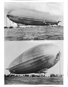 Two views of the Graf Zeppelin airship at Mines Field, 1929