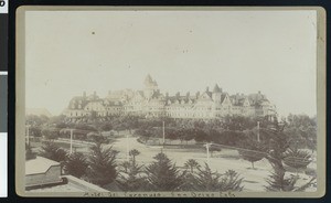 Distant view of the exterior of the Hotel del Coronado and grounds, ca.1900