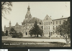 View of the men's department at the State Hospital in Stockton, ca.1900