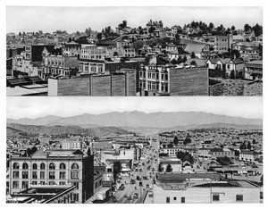 Two panoramic drawings depicting views from the tower of the Baker Block, Los Angeles, ca.1889
