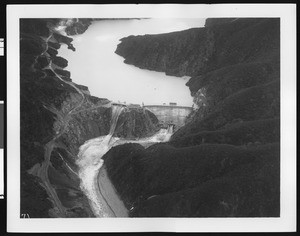 Aerial view of the Morris Dam and San Gabriel River, 1938