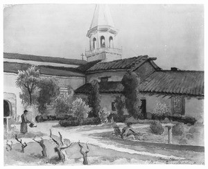 Painting depicting Pedro Closas' gardens at the Mission San Juan Bautista, 1890