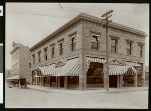 Exterior view of the First National Bank building in Whittier, ca.1910