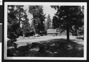 Exterior view of cabins at Lake Arrowhead, ca.1950