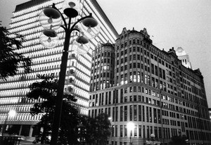 View of the old Hall of Records building and the newer Criminal Courts building from across Broadway at the County Mall in Los Angeles, October 1, 1972