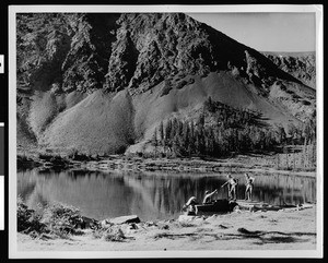 Boaters on Trumbull Lake, nestled in Mono County mountains, ca.1930