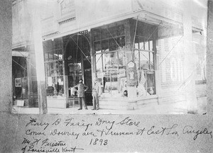 Exterior view of the Harry B. Fasig Drug Store, located at the corner of Downey Avenue and Truman Street in East Los Angeles, ca.1893