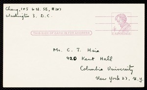 Postcard from Eileen Chang to C.T. Hsia, ca. 1963