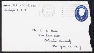 Letter from Eileen Chang to C.T. Hsia, 1964